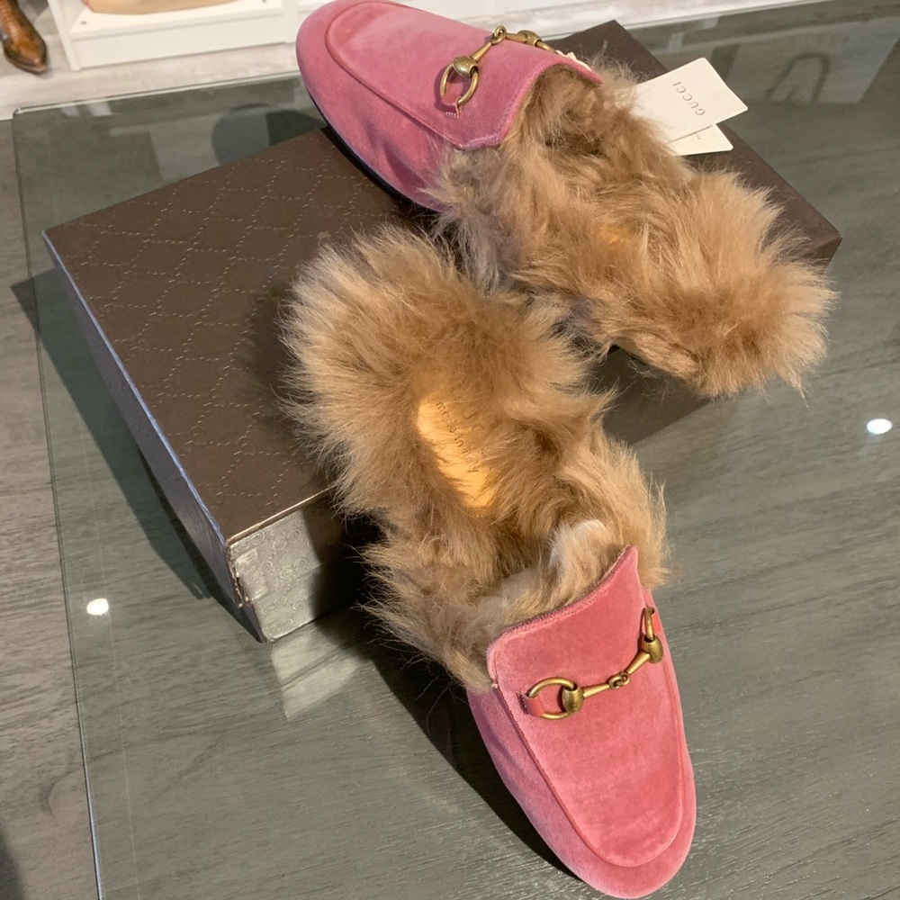 Gucci Flat Princetown Velvet GG Mule With Fur